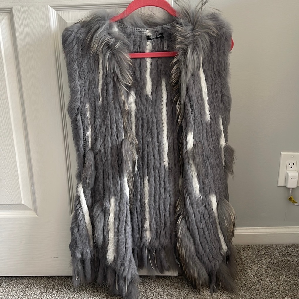 Dolce Cabo Grey and White Rabbit Fur Vest with Racoon Fur Fringe